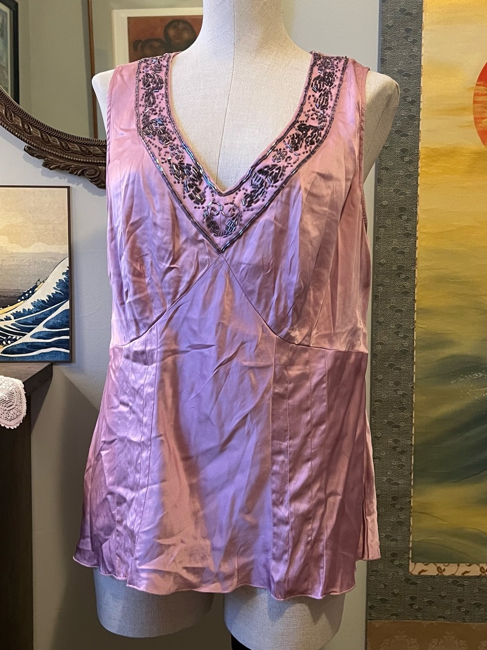 Nine West Beaded Y2K V-Neck Silk Chemise in Pink